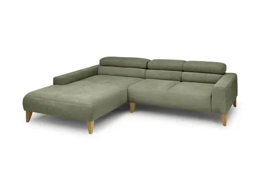 Ecksofa CHENOA - Longchair links mit 2-Sitzer, Kopfteil verstellbar, Stoff, Dunkelgrün