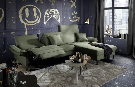 Ecksofa CALM PREMIUM 2.0 - 3-Sitzer mit Longchair rechts, Relaxfunktion motorisch, Armlehne verstellbar, Stoff, Dunkelgrün