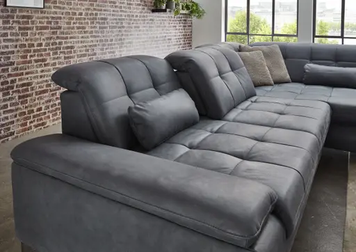 Ecksofa - 3-Sitzer mit Ecke rechts, Sitztiefe verstellbar (manuell), Leder, Eisengrau