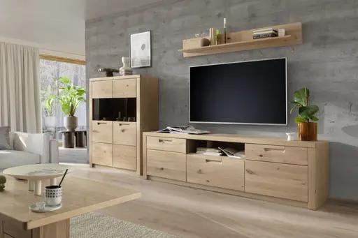 Wohnwand - mit Beleuchtung und Fernbedienung, Eiche Nachbildung, Eiche massiv geölt