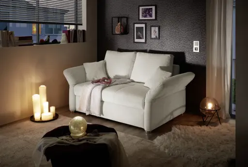 Sofa JORDEN - 1,5-Sitzer inkl. Schlaffunktion mit Bettkasten, verstellbare Armlehnen, Stoff, Creme