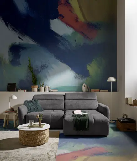 Ecksofa MADAN - 1,5-Sitzer mit Longchair rechts, Sitztiefe verstellbar motorisch, Kopfteil verstellbar, Stoff, Graphite