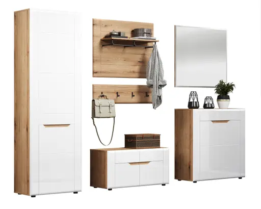 Garderobenkombination - Eiche Evoke Nachbildung, Weiß Hochglanz