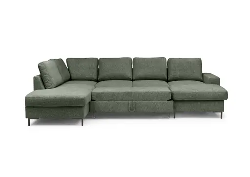 Wohnlandschaft - Ecke links mit 2-Sitzer und Longchair rechts, Stoff, Dunkelgrün