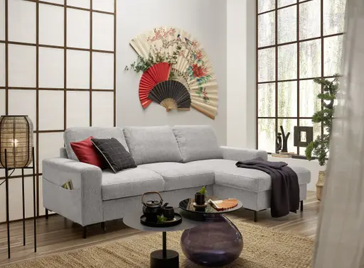 Ecksofa - 2-Sitzer mit Longchair rechts, Stoff, Sibergrau
