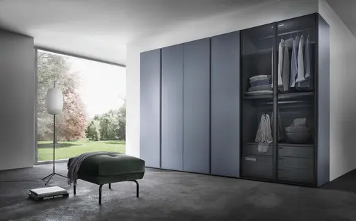 Drehtürenschrank Loretto - B ca. 304 cm, Lack matt, Hellgrau, Rauchglas