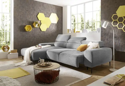 Ecksofa - Longchair links mit 2-Sitzer, Sitzvorzug motorisch, Kopfteil verstellbar, Stoff, Grau
