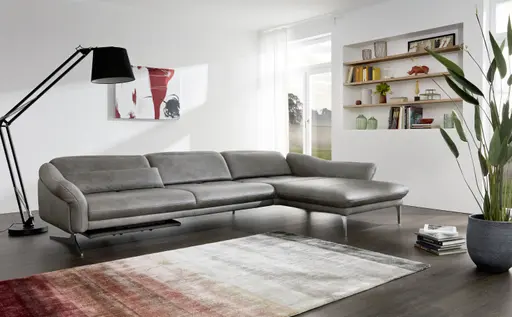 Ecksofa EM Imola - 2,5-Sitzer mit Longchair rechts inkl. Kopfteil und Sitztiefe verstellbar, Leder, Graugrün