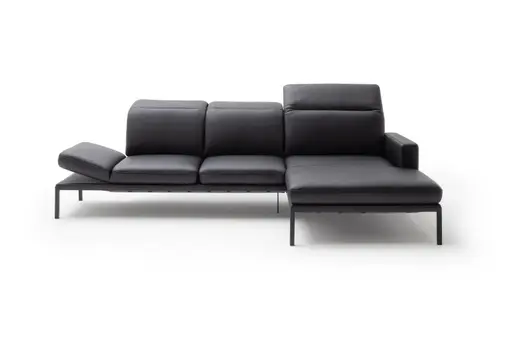 Ecksofa Noto - 2,5-Sitzer mit Longchair rechts inkl. Rückenlehne verstellbar, Leder, Schwarz