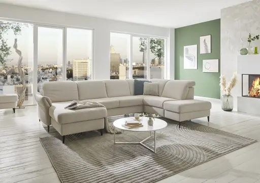Wohnlandschaft - Longchair links mit 2,5-Sitzer und Ecke rechts, Kopfteil vertellbar, Stoff, Ecru
