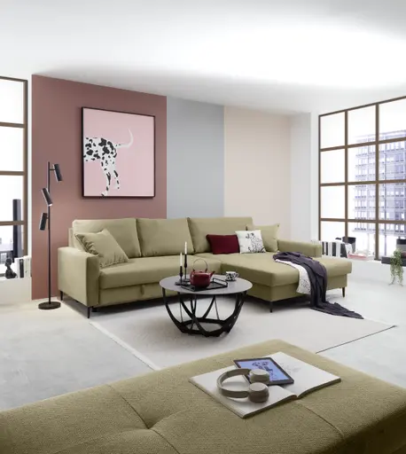 Ecksofa - 3-Sitzer mit Longchair rechts, Schlaffunktion mit Bettkasten, Stoff, Olive
