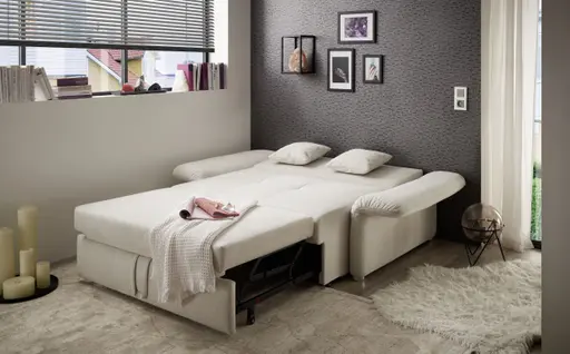 Sofa JORDEN - 1,5-Sitzer inkl. Schlaffunktion mit Bettkasten, verstellbare Armlehnen, Stoff, Beige