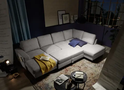 Wohnlandschaft - Longchair links mit 2-Sitzer und Ecke rechts, Stoff, Silbergrau