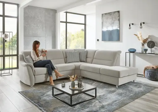 Ecksofa - 2,5-Sitzer mit Ecke rechts, Kopfteil verstellbar, Stoff, Silbergrau
