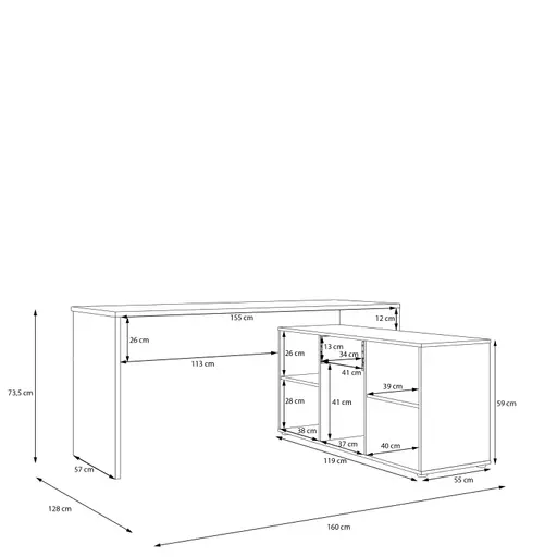 Schreibtisch- LB ca. 160x128 cm, Weiß, Eiche Dekor