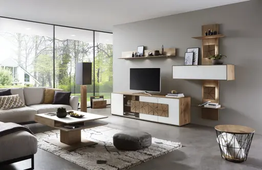 Couchtisch - Schublade, LBH105x75x46 cm, Kerneiche massiv, Mattglas, Weiß