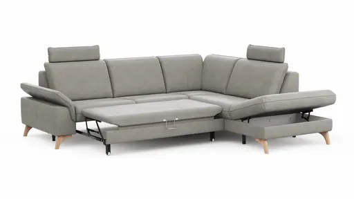 Ecksofa Tulsa KS - 2,5-Sitzer, Spitzecke und 1,5-Sitzer mit Anstellhocker aufklappbar rechts,  inkl. Kopfstütze, AL verstellbar und Schlaffunktion, Leder, Graubeige