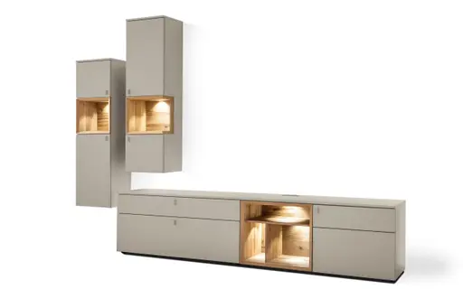 Wohnwand - mit Beleuchtung, Lack Steingrau
