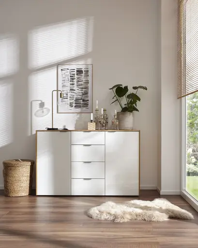 Kommode Colorado - BHT ca. 138x87x43 cm, Glas weiß mit Eiche furniert