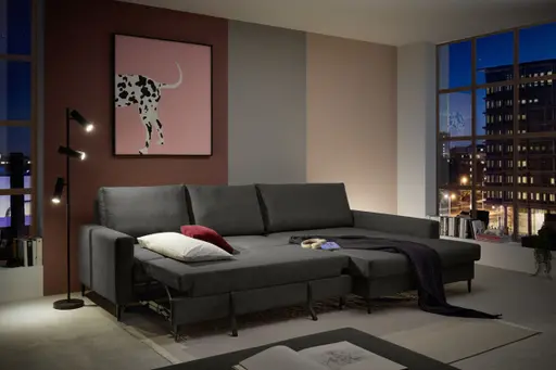 Ecksofa - 3-Sitzer mit Longchair rechts, Schlaffunktion mit Bettkasten, Stoff, Anthrazit
