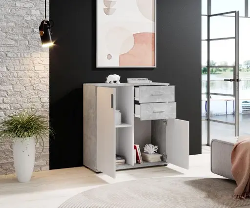 Kommode - B ca. 80 cm, Betonoptik, Weiß