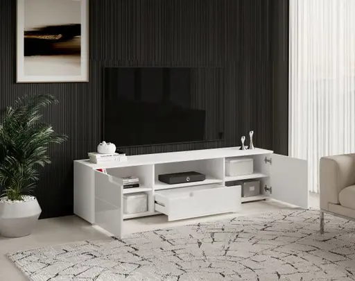 Lowboard - B ca. 165 cm, Weiß, Weiß Hochglanz