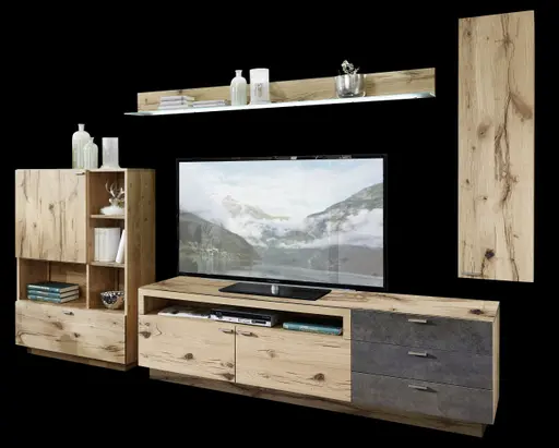 Wohnwand - mit Beleuchtung, Alteiche Furnier, Akzent Keramik Moos