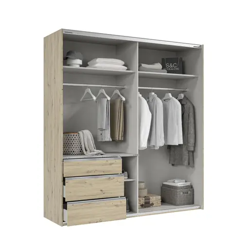 Schwebetürenschrank- B 200 cm, Eiche Dekor, Spiegel