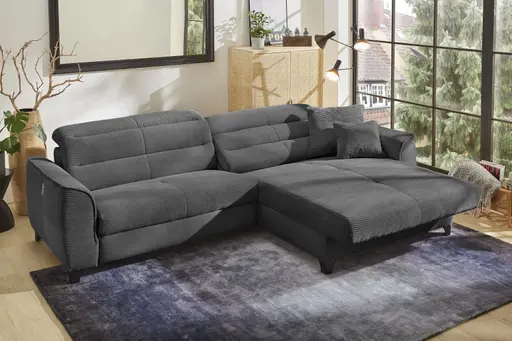 Ecksofa - 1-Sitzer mit Longchair rechts, Relaxfunktion motorisch, Kopfteil verstellbar, Cord, Grau