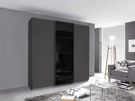 Schwebetürenschrank- B. ca. 203 cm, Graumetallic, Glas, Schwarz