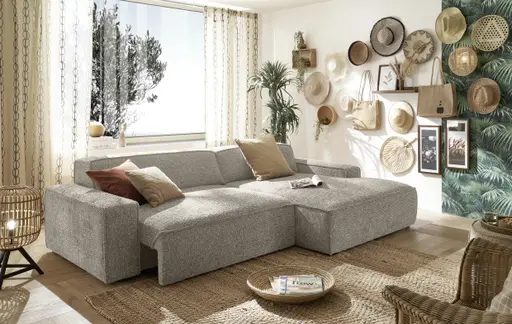 Ecksofa - 2-Sitzer mit Longchair rechts, Sitzvorzug motorisch, Stoff, Taupe