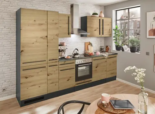 Küchenblock- Inkl. E-Geräte, B ca. 310 cm, Anthrazit, Eiche Dekor