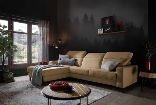 Ecksofa - CALM FLEX 2.0, Longchair links mit 3-Sitzer, Kopfteil verstellbar, Stoff, Apricot
