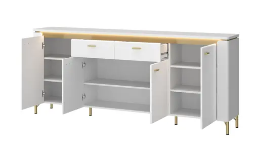 Sideboard - mit Beleuchtung, Alpinweiß, Goldfarben, Weiß Hochglanz