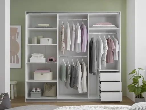 Schwebetürenschrank- B ca. 215 cm, Weiß, Spiegel