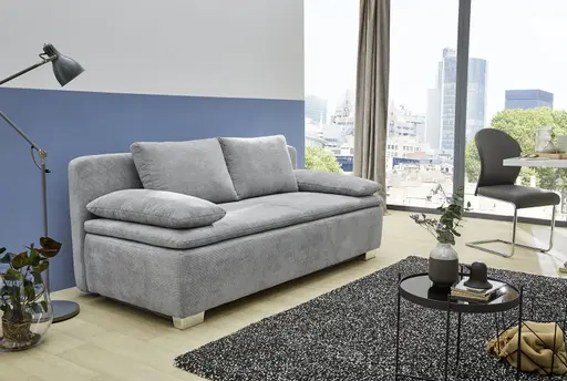 Schlafsofa - 2-Sitzer inkl. Schlaffunktion mit Bettkasten (manuell), 2 Rückenkissen, 2 Armlehnkissen, Stoff Hellgrau