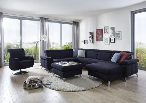 Wohnlandschaft - Ecke links mit 2-Sitzer und Longchair, Stoff, Dunkelblau