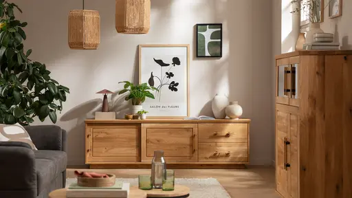 Highboard Oreia - mit LED-Beleuchtung, Wildeiche massiv, natur geölt