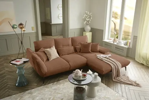 Ecksofa PAYTON - 2-Sitzer, Ecke rechts inkl. Rückenneigung, Armteilverstellung, Stoff, Kupfer