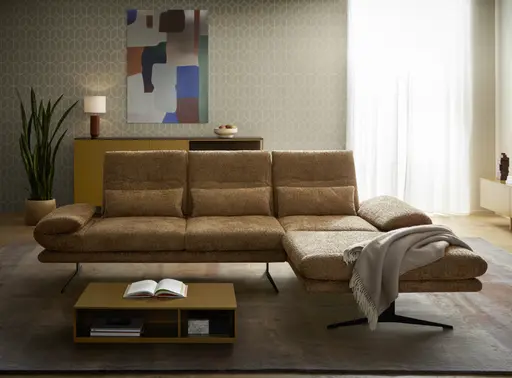 Ecksofa Lucero 2.0 - 2-Sitzer mit Longchair rechts inkl. Rückenlehne verstellbar, Stoff, Cognac