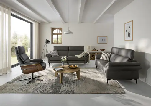 Sofa Atella - 2,5 Sitzer inkl. motorischem Sitzvorzug, Kopfteilverstellung, Leder, Anthrazit