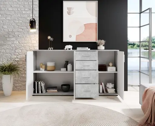 Kommode - B ca. 160 cm, Betonoptik, Weiß