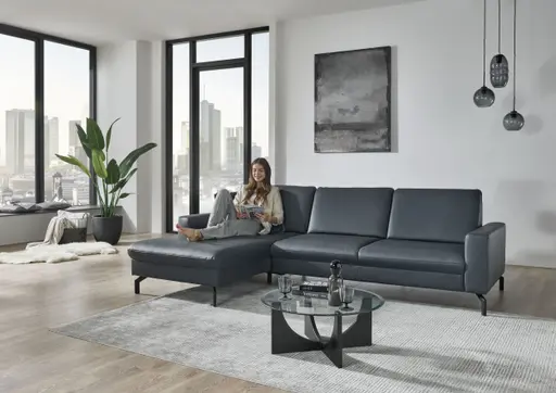 Ecksofa - Longchair links mit 3-Sitzer, Leder, Blau