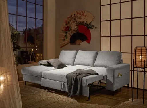 Ecksofa - Longchair links mit 2-Sitzer, Stoff, Silbergrau