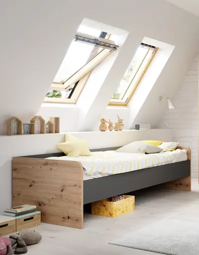 Bettgestell- Liegefläche ca. 90x200 cm, Eiche Dekor, Dunkelgrau