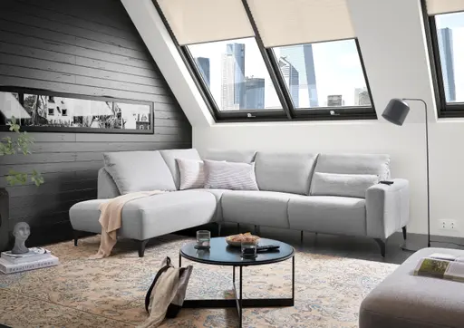 Ecksofa - Ecke links mit 3-Sitzer, Rückenlehne verstellbar, Stoff, Hellgrau