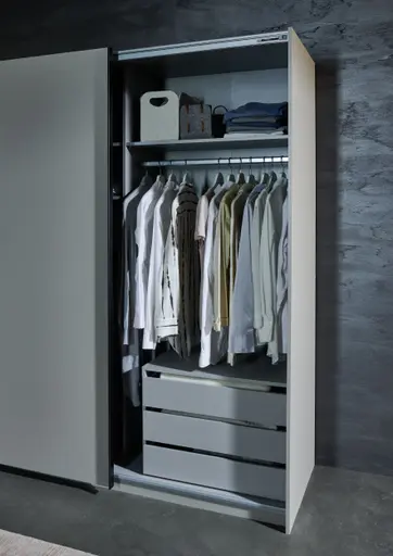 Schwebetürenschrank- B168 cm, Hellgrau, Graphit, Spiegel