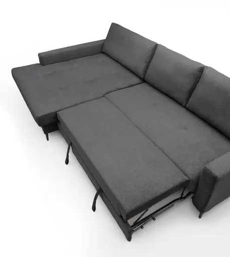Ecksofa - Longchair links mit 3-Sitzer, Schlaffunktion mit Bettkasten, Stoff, Anthrazit