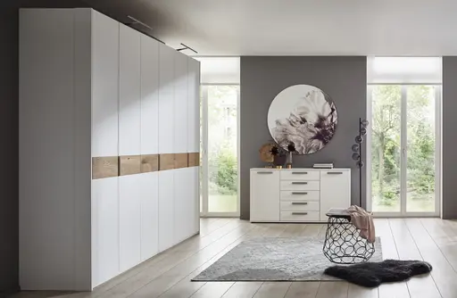 Drehtürenschrank Viana - B ca. 254 cm, Lack, Weiß, Riffholz, Wildeiche