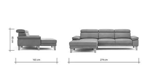 Ecksofa Hudson - Longchair links mit 2,5-Sitzer, inkl. Kopfteil verstellbar, Stoff, Steingrau